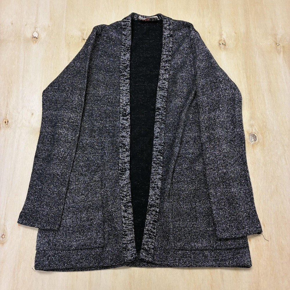 Vintage Sally Gee Cardigan Sweater Womens Medium Gray Shimmer Open Front USA